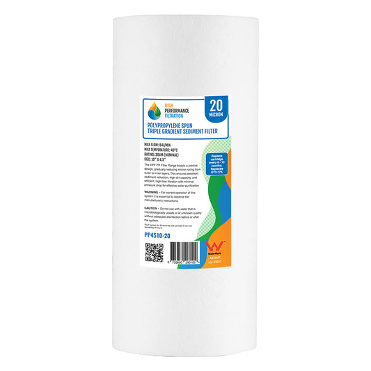 Polypropylene spun triple gradient sediment filter cartridge, 20 micron, 10 inch x 4.5 inch, WaterMark certified (GT2-17K / PP4510-20)
