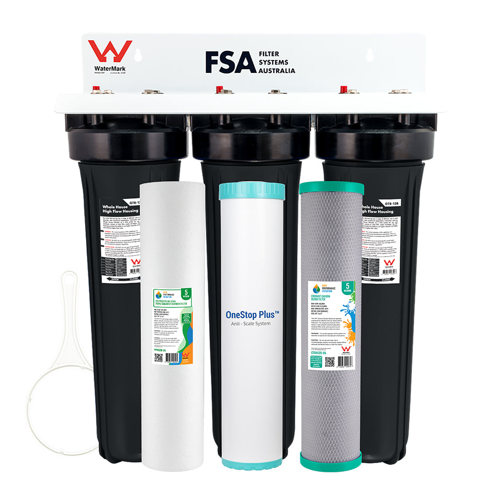 Triple Whole House Hard Water, Heavy Metal & Chlorine Reduction Filter System | 20" x 4.5" High Flow | Watermark (GT1-108-OSP)