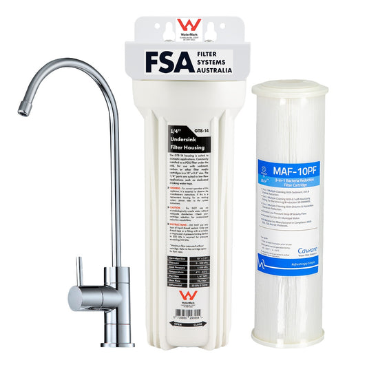 Single Undersink 0.1 Micron Sediment, Carbon + Bacteria Reduction Water Filter System with Faucet Kit (GT1-15MAF)