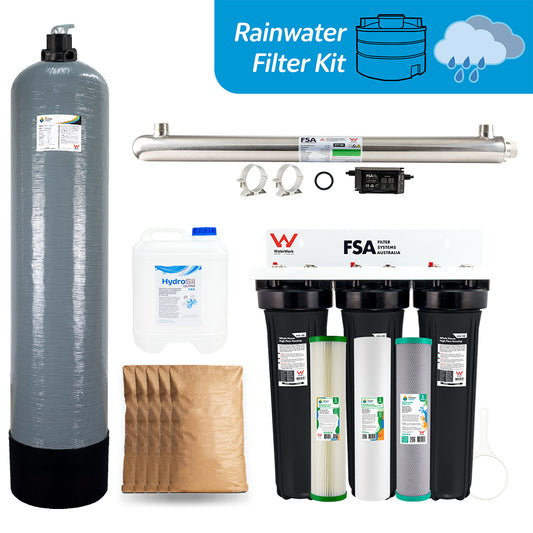 Triple Whole House Rain/Tank Water + pH Treatment Filter System | Ultraviolet Sanitation to Kill Bacteria, Parasites & Viruses + pH Neutralising to Control Copper Pipe Corrosion (GT1-18-TRIPLE-KIT)