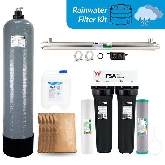 Twin Whole House Rain/Tank Water + pH Treatment Filter System | Ultraviolet Sanitation to Kill Bacteria, Parasites & Viruses + pH Neutralising to Control Copper Pipe Corrosion (GT1-18-TWIN-KIT)