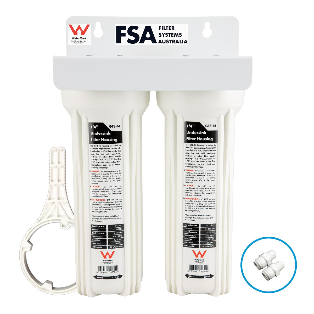Twin Undersink Water Filter System Housing | 10" x 2.5" with 1/4" Female Ports to 1/4" Tube Connectors | Watermark Certified (GT1-22)