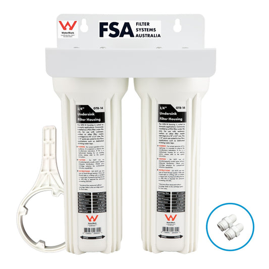 Twin Undersink Water Filter System Housing | 10" x 2.5" with 1/4" Female Ports to 1/4" Tube Connectors | Watermark Certified (GT1-22)