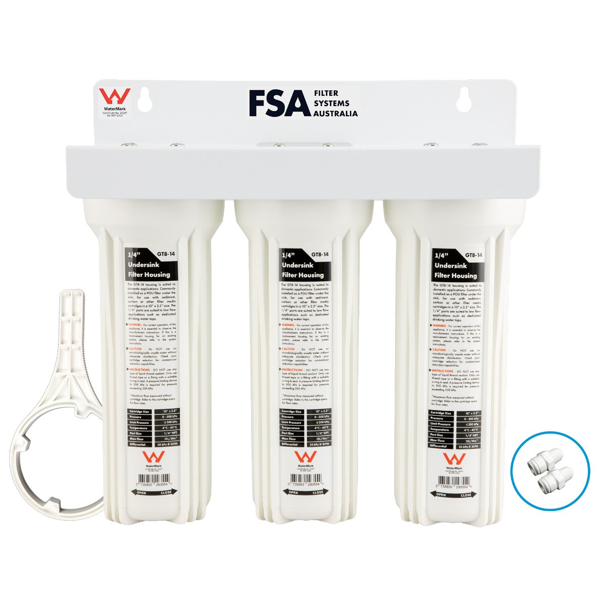 WaterMark Triple Undersink Water Filter System Housing 10" x 2.5" with 1/4" Ports (GT1-38)
