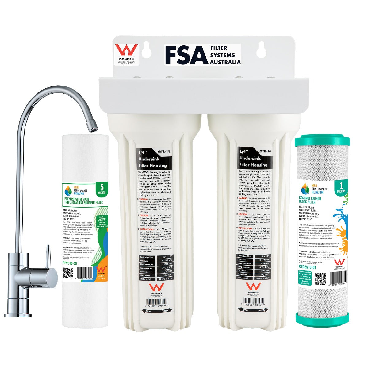 WaterMark Twin Undersink Water Filter System | 5 Micron Sediment + 1 Micron Coconut Carbon Filters | White Bracket + Tap (GT1-46W)
