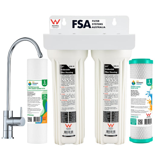 WaterMark Twin Undersink Water Filter System | 5 Micron Sediment + 1 Micron Coconut Carbon Filters | White Bracket + Tap (GT1-46W)