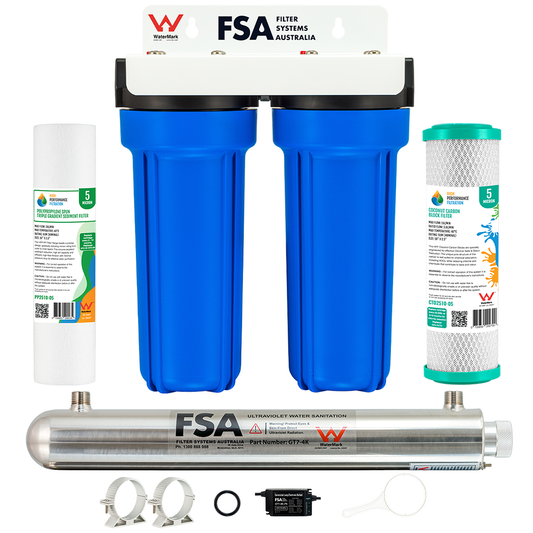 Caravan/Cabin/Tiny House Rain/Tank Water Filter System | Ultraviolet Sanitation @ 15 Litres/Min | 10" x 2.5" (GT1-4WM + GT7-4K)