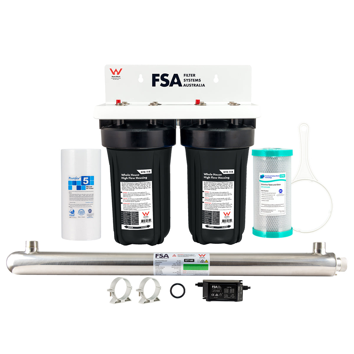 Compact Caravan/Cabin/Tiny House Rain/Tank Water Filter System | Ultraviolet Sanitation | 10" x 4.5" (GT1-7WM + GT7-9K)