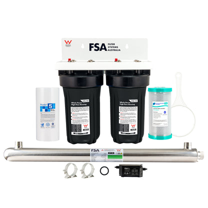Compact Caravan/Cabin/Tiny House Rain/Tank Water Filter System | Ultraviolet Sanitation | 10" x 4.5" (GT1-7WM + GT7-9K)