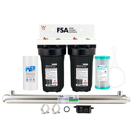 Compact Caravan/Cabin/Tiny House Rain/Tank Water Filter System | Ultraviolet Sanitation | 10" x 4.5" (GT1-7WM + GT7-9K)