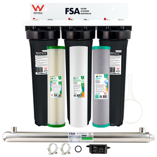 Triple Whole House Rain/Tank Water Filter System | Ultraviolet Sanitation to Kill Bacteria, Parasites & Viruses | WaterMark Certified | 20" x 4.5" (GT1-9TWM + GT7-9K)