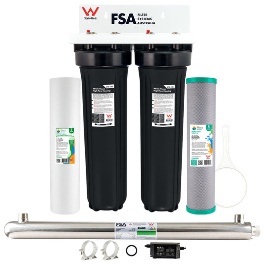 Twin Whole House Rain/Tank Water Filter System | Ultraviolet Sanitation to Kill Bacteria, Parasites & Viruses | WaterMark Certified | 20" x 4.5" (GT1-9WM + GT7-9K)