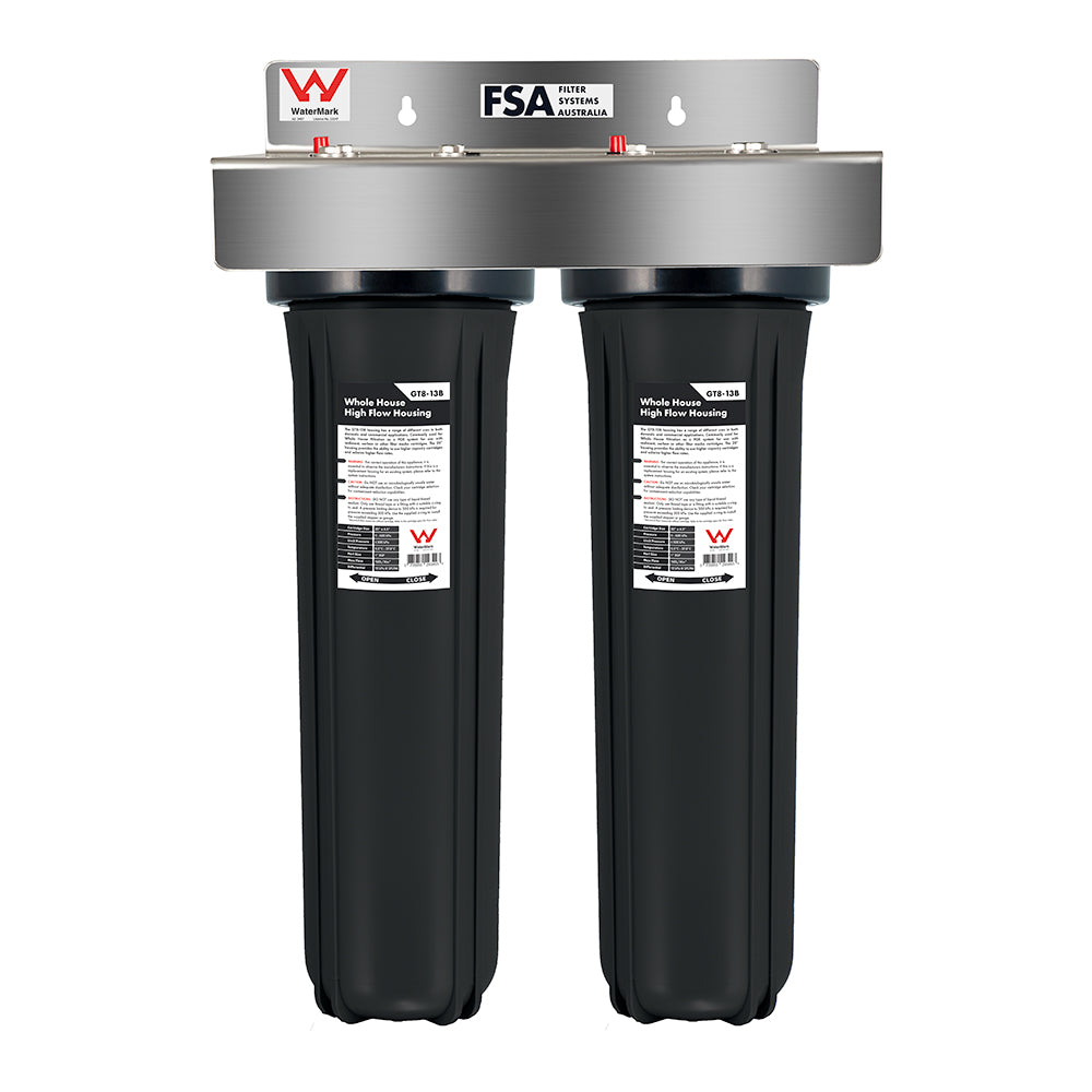 Twin Whole House Rain/Tank Water Filter System | Ultraviolet Sanitation to Kill Bacteria, Parasites & Viruses | WaterMark Certified | 20" x 4.5" (GT1-9WM + GT7-9K)