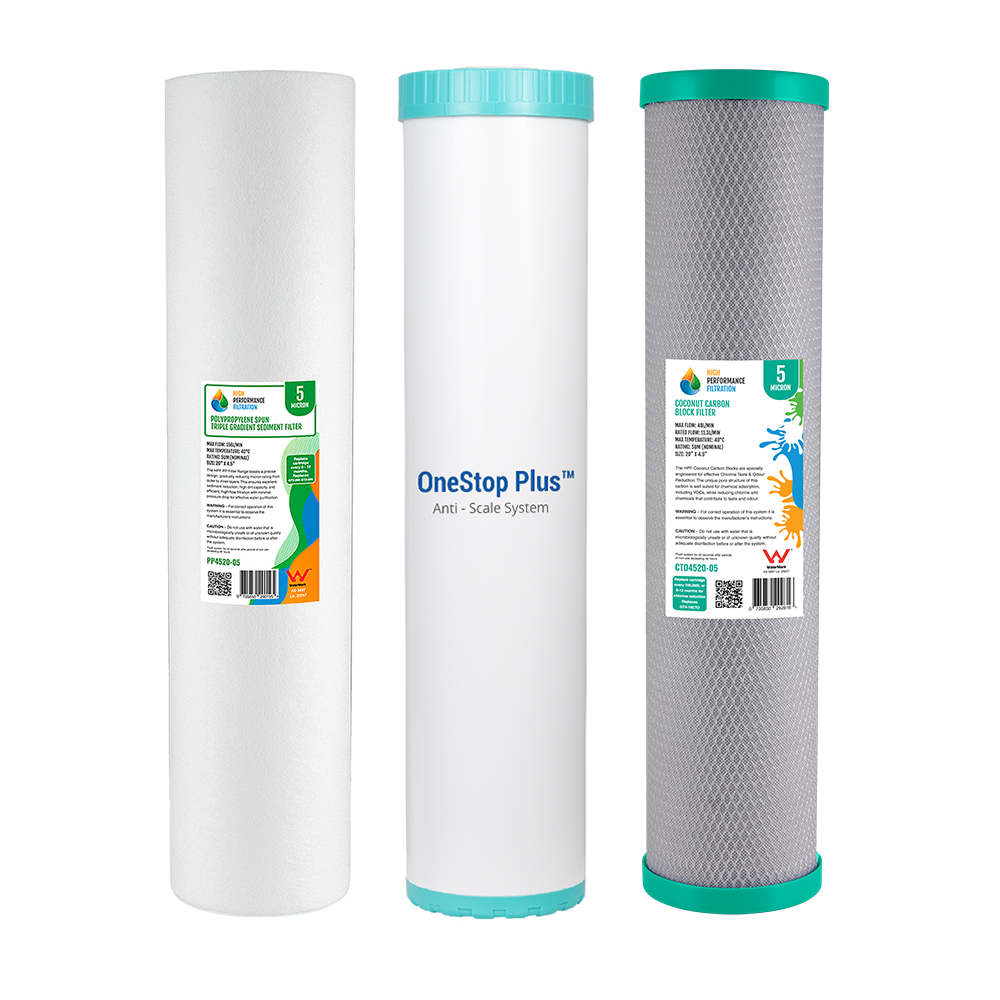 Triple Whole House Hard Water, Heavy Metal & Chlorine Reduction Filter System | 20" x 4.5" High Flow | Watermark (GT1-108-OSP)