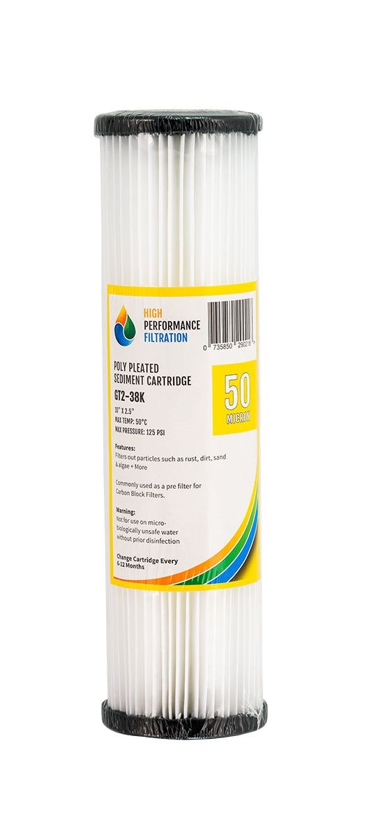 Replacement Washable Pleated Sediment Cartridge – 50 Micron, 10" x 2.5" (GT2-38K)