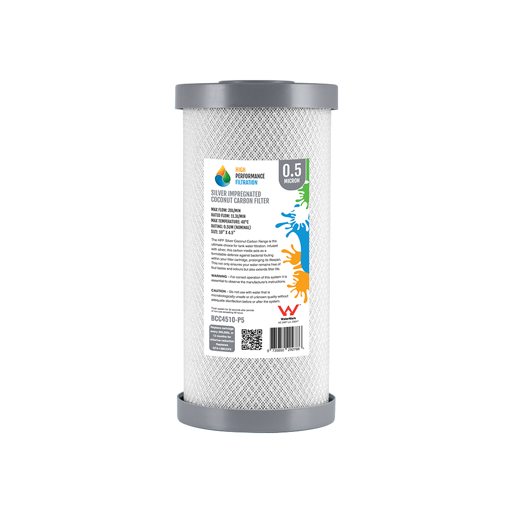 0.5 Micron Silver Impregnated Carbon Block Cartridge – Bacteriostatic, 10" x 4.5"