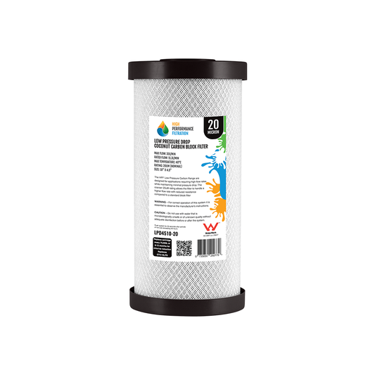 20 Micron Low Pressure Drop Carbon Block Cartridge – Low Restriction, 10" x 4.5"