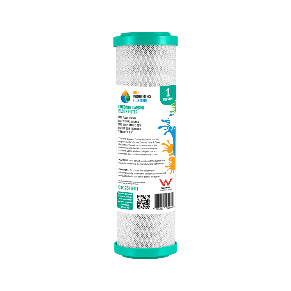 Coconut Carbon Block Cartridge 1 Micron 10 inch x 2.5 inch, WaterMark certified (GT4-6CTO / CTO2510-01)